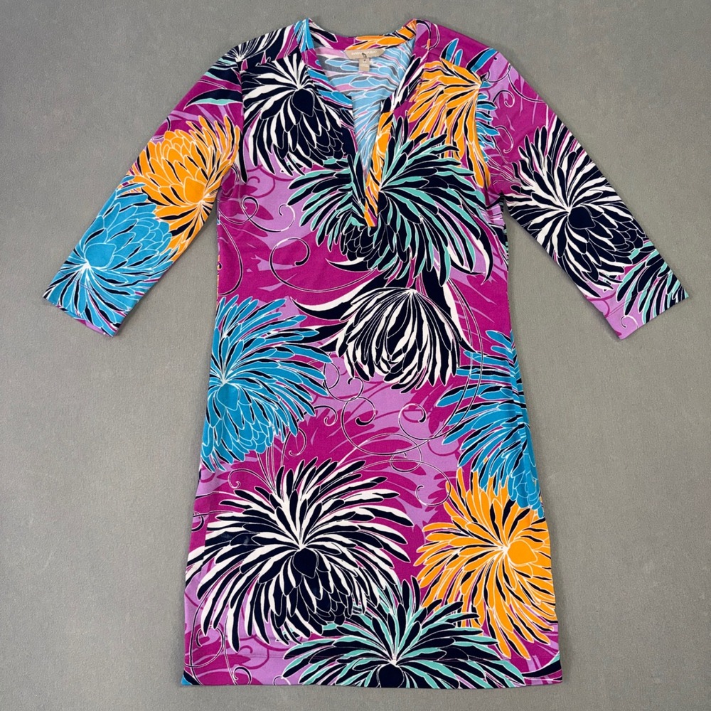 Banana Republic Floral Sheath Dress Pink Blue Orange XS 3/4 Sleeve V-Neck